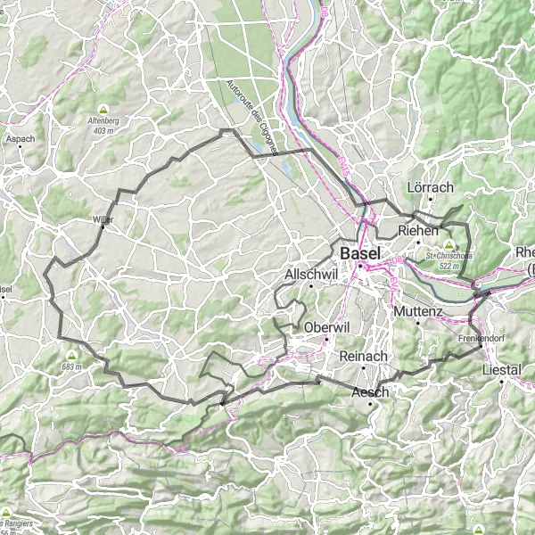 Miniatuurkaart van de fietsinspiratie "Rondje Rossberg en Riehen" in Nordwestschweiz, Switzerland. Gemaakt door de Tarmacs.app fietsrouteplanner