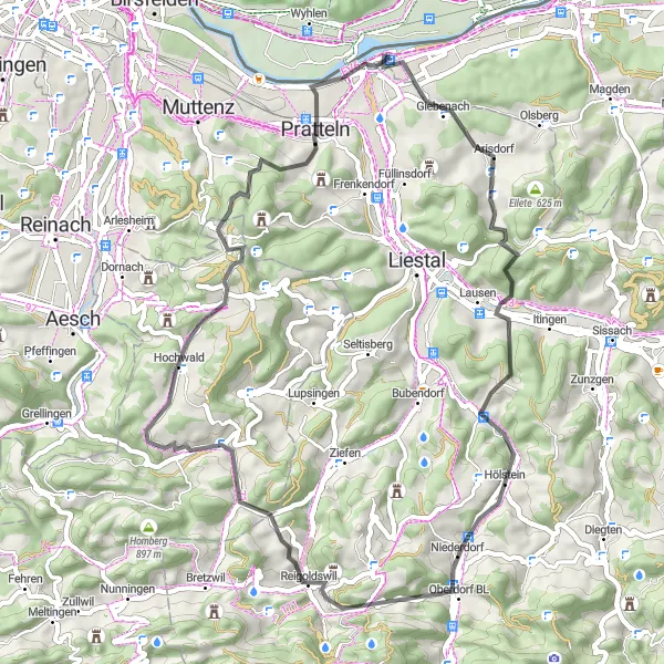 Miniature de la carte de l'inspiration cycliste "Itinéraire pittoresque de Vögel à Pratteln" dans la Nordwestschweiz, Switzerland. Générée par le planificateur d'itinéraire cycliste Tarmacs.app