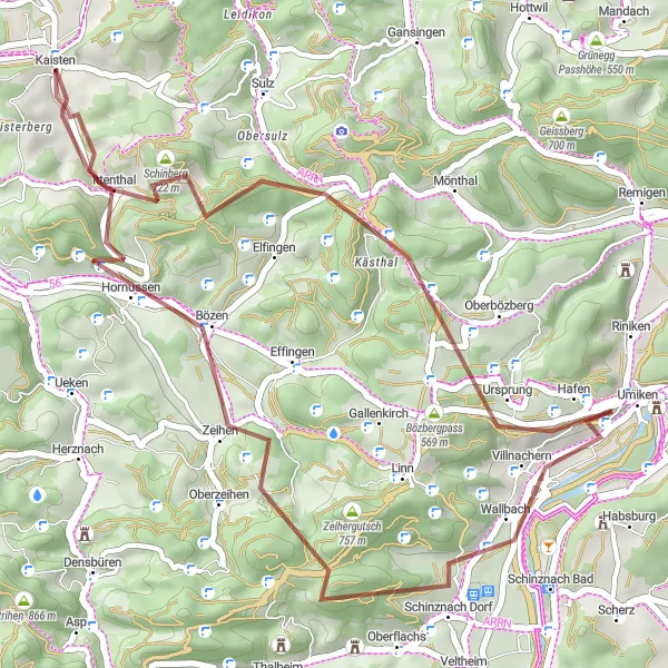 Mapa miniatúra "Gravlová cyklotrasa cez Ittenthal a Bözen" cyklistická inšpirácia v Nordwestschweiz, Switzerland. Vygenerované cyklistickým plánovačom trás Tarmacs.app