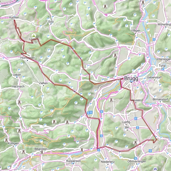 Mapa miniatúra "Gravel cyklistická cesta okolo Kaisten" cyklistická inšpirácia v Nordwestschweiz, Switzerland. Vygenerované cyklistickým plánovačom trás Tarmacs.app