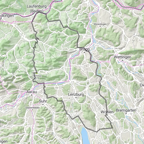 Kartminiatyr av "Laufenburg til Staffelegg Road Adventure" sykkelinspirasjon i Nordwestschweiz, Switzerland. Generert av Tarmacs.app sykkelrutoplanlegger