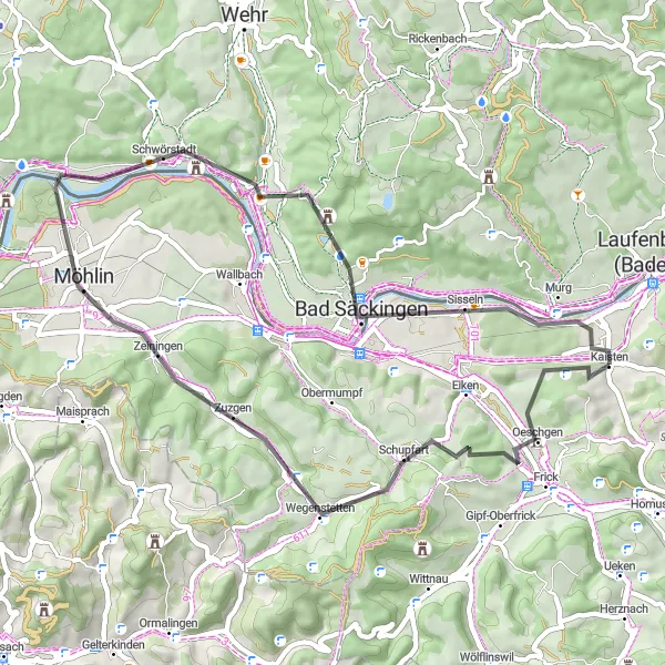 Miniatua del mapa de inspiración ciclista "Ruta de ciclismo de carretera Tiersteinberg-Rheinsberg" en Nordwestschweiz, Switzerland. Generado por Tarmacs.app planificador de rutas ciclistas
