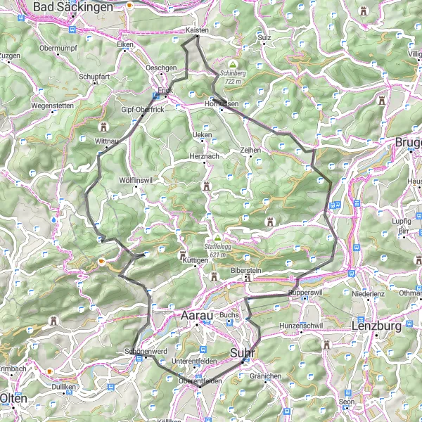 Miniature de la carte de l'inspiration cycliste "Boucle de 67 km à travers les paysages pittoresques des environs de Kaisten" dans la Nordwestschweiz, Switzerland. Générée par le planificateur d'itinéraire cycliste Tarmacs.app