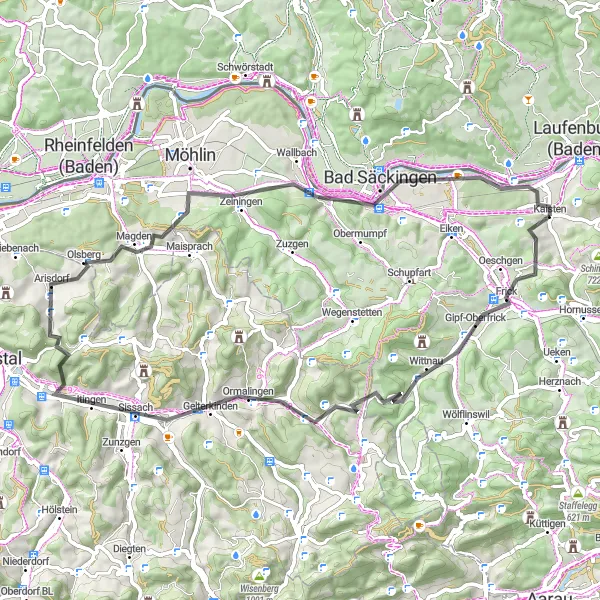 Miniatua del mapa de inspiración ciclista "Ruta de ciclismo de carretera a través de Frick y Bad Säckingen" en Nordwestschweiz, Switzerland. Generado por Tarmacs.app planificador de rutas ciclistas