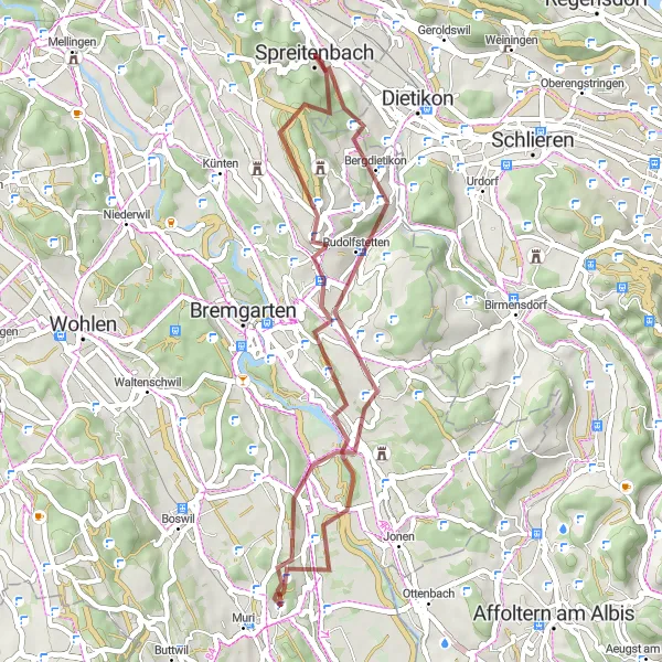 Miniature de la carte de l'inspiration cycliste "Tour des collines de l'Ouest" dans la Nordwestschweiz, Switzerland. Générée par le planificateur d'itinéraire cycliste Tarmacs.app