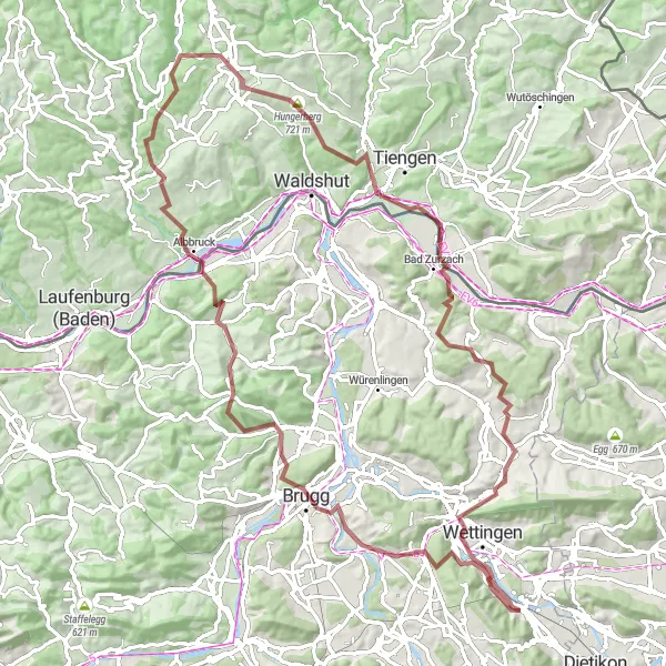 Miniatua del mapa de inspiración ciclista "Ruta de ciclismo de grava por las montañas" en Nordwestschweiz, Switzerland. Generado por Tarmacs.app planificador de rutas ciclistas