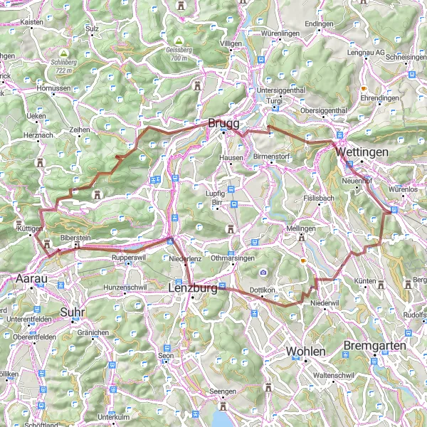 Zemljevid v pomanjšavi "Pustolovščina po slikovitih poteh" kolesarske inspiracije v Nordwestschweiz, Switzerland. Generirano z načrtovalcem kolesarskih poti Tarmacs.app