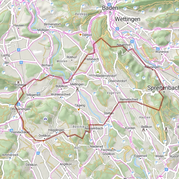 Miniatura della mappa di ispirazione al ciclismo "Percorso gravel da Killwangen - Kreuz Fislisbach" nella regione di Nordwestschweiz, Switzerland. Generata da Tarmacs.app, pianificatore di rotte ciclistiche