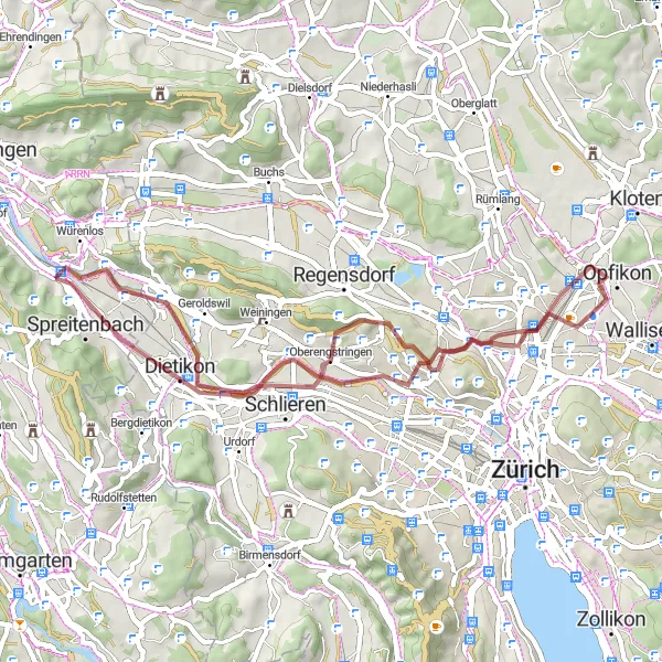 Map miniature of "Scenic Gravel Circuit around Killwangen" cycling inspiration in Nordwestschweiz, Switzerland. Generated by Tarmacs.app cycling route planner