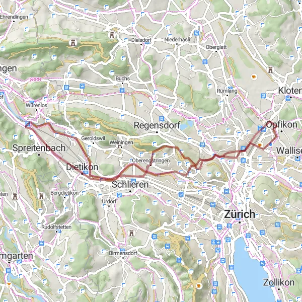 Miniatua del mapa de inspiración ciclista "Ruta de Grava por Dietikon y Chäferberg" en Nordwestschweiz, Switzerland. Generado por Tarmacs.app planificador de rutas ciclistas