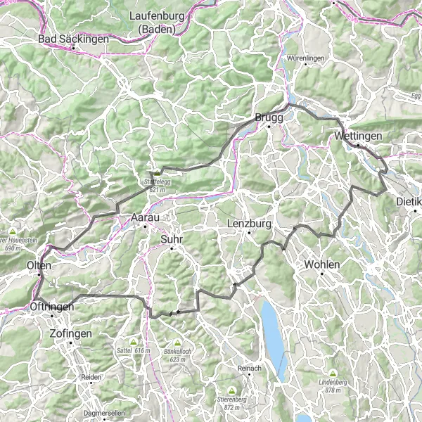 Map miniature of "Nordwestschweiz Road Cycling Route 1" cycling inspiration in Nordwestschweiz, Switzerland. Generated by Tarmacs.app cycling route planner
