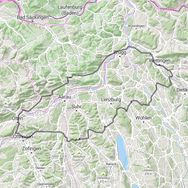 Miniature de la carte de l'inspiration cycliste "Itinéraire des collines de l'Est" dans la Nordwestschweiz, Switzerland. Générée par le planificateur d'itinéraire cycliste Tarmacs.app