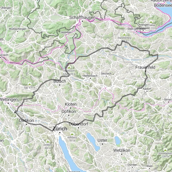 Miniatua del mapa de inspiración ciclista "Ruta en Carretera por Regensberg y Frauenfeld" en Nordwestschweiz, Switzerland. Generado por Tarmacs.app planificador de rutas ciclistas