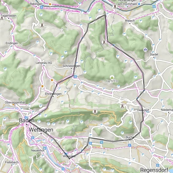 Miniaturekort af cykelinspirationen "Baden-Heitlig Loop" i Nordwestschweiz, Switzerland. Genereret af Tarmacs.app cykelruteplanlægger