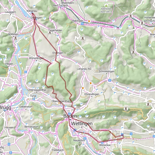 Miniatura della mappa di ispirazione al ciclismo "Tour ciclistico gravel tra Klingnau e Endingen" nella regione di Nordwestschweiz, Switzerland. Generata da Tarmacs.app, pianificatore di rotte ciclistiche