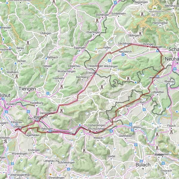 Map miniature of "The Hidden Gems of Gravel" cycling inspiration in Nordwestschweiz, Switzerland. Generated by Tarmacs.app cycling route planner