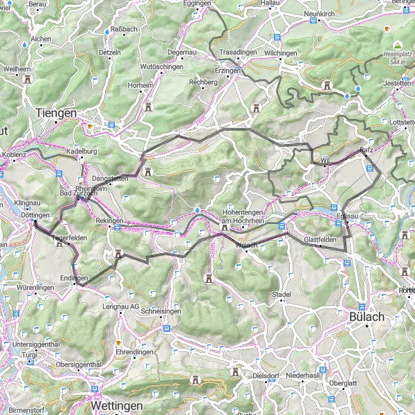 Miniatua del mapa de inspiración ciclista "Ruta de ciclismo de carretera Klingnau - Kaiserstuhl" en Nordwestschweiz, Switzerland. Generado por Tarmacs.app planificador de rutas ciclistas