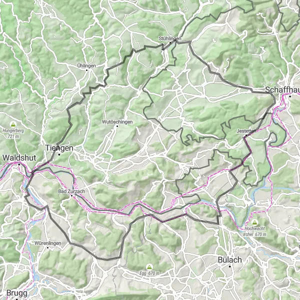Miniatura della mappa di ispirazione al ciclismo "Giro ciclistico tra Leuggern, Vitibuckturm e Schloss Hohenlupfen" nella regione di Nordwestschweiz, Switzerland. Generata da Tarmacs.app, pianificatore di rotte ciclistiche