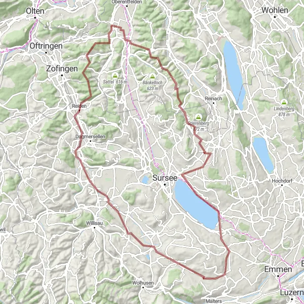 Miniaturní mapa "Dlouhý gravelový okruh kolem Sempach" inspirace pro cyklisty v oblasti Nordwestschweiz, Switzerland. Vytvořeno pomocí plánovače tras Tarmacs.app