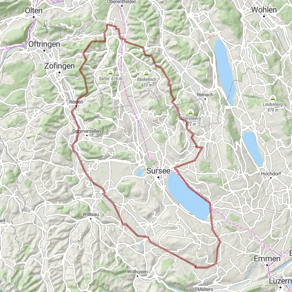 Miniatua del mapa de inspiración ciclista "Ruta de Grava Lake Sempach" en Nordwestschweiz, Switzerland. Generado por Tarmacs.app planificador de rutas ciclistas