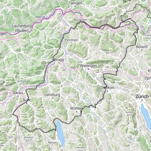 Zemljevid v pomanjšavi "Dolga Pot po Cesti v Nordwestschweizu" kolesarske inspiracije v Nordwestschweiz, Switzerland. Generirano z načrtovalcem kolesarskih poti Tarmacs.app