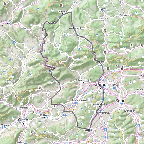 Miniatuurkaart van de fietsinspiratie "Wegroute Kölliken - Obergösgen - Geissflue - Oltingen - Reichberg - Wölflinswil - Wasserflue - Küttigen - Oberholz - Oberentfelden" in Nordwestschweiz, Switzerland. Gemaakt door de Tarmacs.app fietsrouteplanner