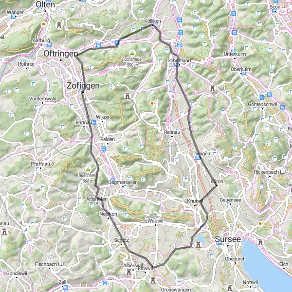 Karttaminiaatyyri "Maantiepyöräilyreitti Buechlisbergista Zofingeniin" pyöräilyinspiraatiosta alueella Nordwestschweiz, Switzerland. Luotu Tarmacs.app pyöräilyreittisuunnittelijalla