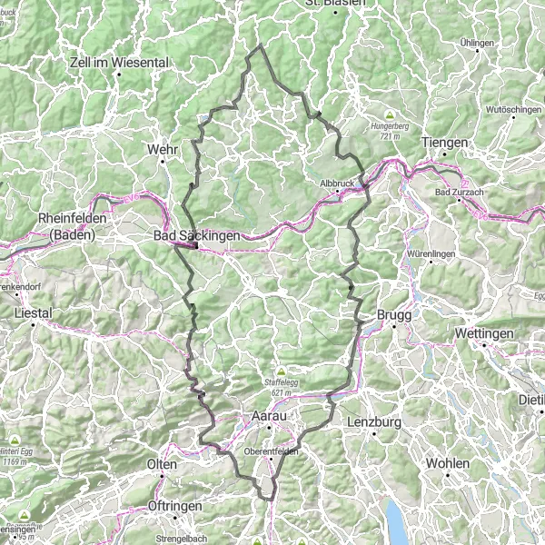 Zemljevid v pomanjšavi "Zahtevna Kolesarska Pot v Nordwestschweizu" kolesarske inspiracije v Nordwestschweiz, Switzerland. Generirano z načrtovalcem kolesarskih poti Tarmacs.app