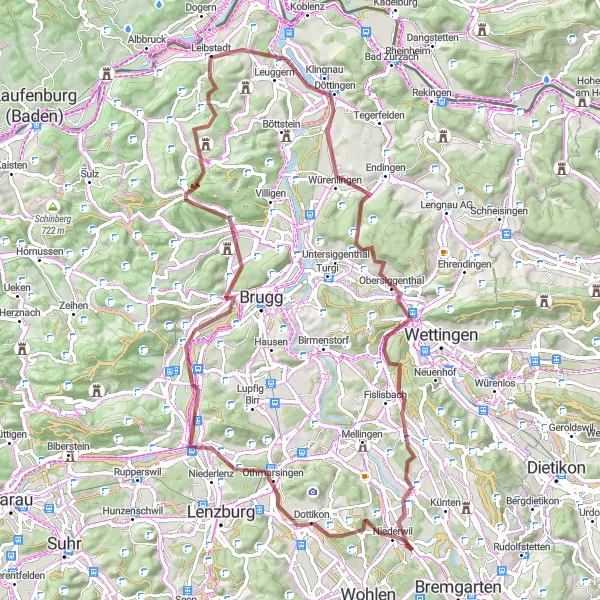 Zemljevid v pomanjšavi "Gravel Kanton Aargau Adventure" kolesarske inspiracije v Nordwestschweiz, Switzerland. Generirano z načrtovalcem kolesarskih poti Tarmacs.app