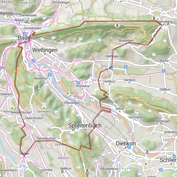 Kartminiatyr av "Oppdagelse av Lägern-landskapet" sykkelinspirasjon i Nordwestschweiz, Switzerland. Generert av Tarmacs.app sykkelrutoplanlegger