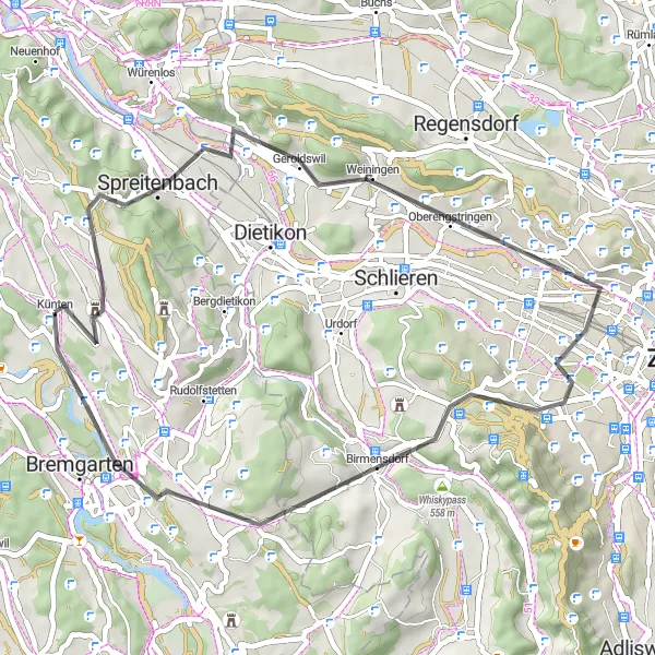 Map miniature of "Spreitenbach Loop" cycling inspiration in Nordwestschweiz, Switzerland. Generated by Tarmacs.app cycling route planner