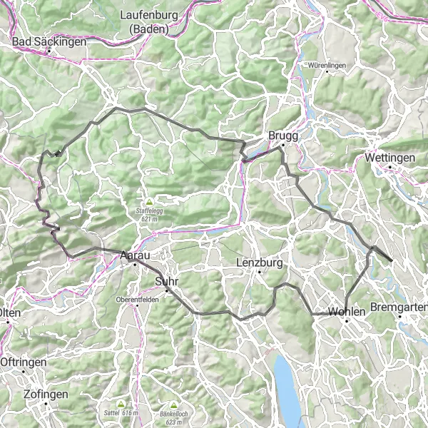 Miniature de la carte de l'inspiration cycliste "Parcours Historique autour de Frick" dans la Nordwestschweiz, Switzerland. Générée par le planificateur d'itinéraire cycliste Tarmacs.app