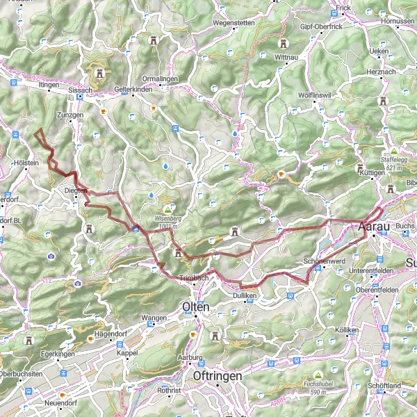 Karten-Miniaturansicht der Radinspiration "Abenteuerliche Gravel-Tour durch den Jura" in Nordwestschweiz, Switzerland. Erstellt vom Tarmacs.app-Routenplaner für Radtouren