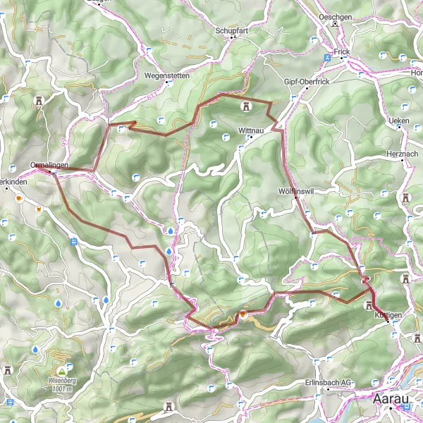 Mapa miniatúra "Gravel Route Küttigen - Wölflinswil" cyklistická inšpirácia v Nordwestschweiz, Switzerland. Vygenerované cyklistickým plánovačom trás Tarmacs.app