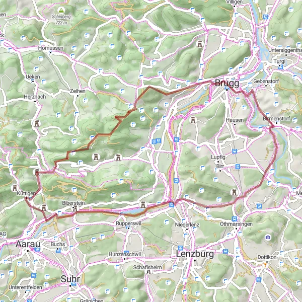 Miniaturekort af cykelinspirationen "Gruscykelrute: Küttigen - Biberstein Loop" i Nordwestschweiz, Switzerland. Genereret af Tarmacs.app cykelruteplanlægger