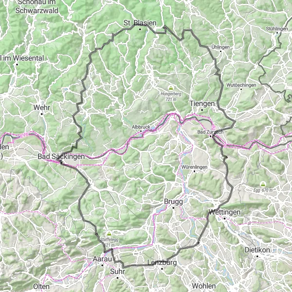 Miniatuurkaart van de fietsinspiratie "Küttigen - Wasserflue - Frick - Stein - Monte Christo - Herrischried - Schellenberg - St. Blasien - Staufenkopf - Lauchringen - Bad Zurzach - Musital - Lengnau AG - Wasserturm Baldegg - Lenzburg - Staufberg - Chispisrai - Schlössli Aarau - Küttigen" in Nordwestschweiz, Switzerland. Gemaakt door de Tarmacs.app fietsrouteplanner