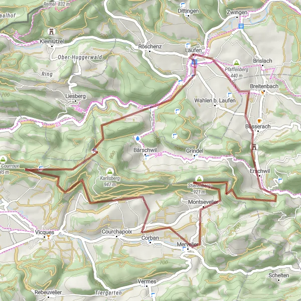 Mapa miniatúra "Gravel cyklistická trasa Erschwil - Laufen" cyklistická inšpirácia v Nordwestschweiz, Switzerland. Vygenerované cyklistickým plánovačom trás Tarmacs.app