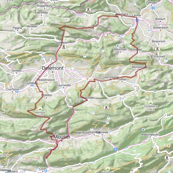 Miniatua del mapa de inspiración ciclista "Ruta de ciclismo de grava desde Laufen a Röschenz" en Nordwestschweiz, Switzerland. Generado por Tarmacs.app planificador de rutas ciclistas
