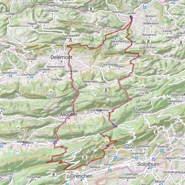 Map miniature of "Challenging Gravel Adventure near Laufen" cycling inspiration in Nordwestschweiz, Switzerland. Generated by Tarmacs.app cycling route planner