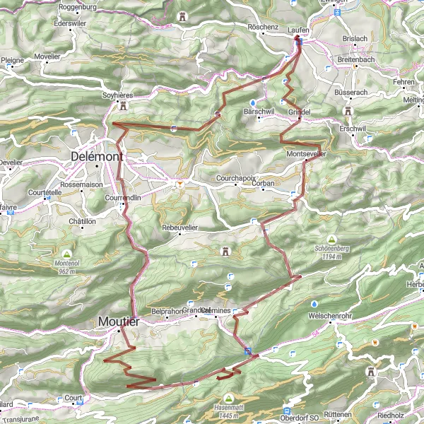 Map miniature of "Laufen Gravel Adventure" cycling inspiration in Nordwestschweiz, Switzerland. Generated by Tarmacs.app cycling route planner