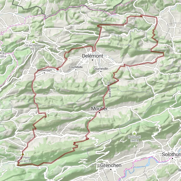 Miniatua del mapa de inspiración ciclista "Ruta de Grava desafiante en Laufen" en Nordwestschweiz, Switzerland. Generado por Tarmacs.app planificador de rutas ciclistas