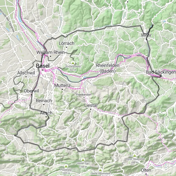 Kartminiatyr av "Tüllinger Berg och Binningen Loop" cykelinspiration i Nordwestschweiz, Switzerland. Genererad av Tarmacs.app cykelruttplanerare