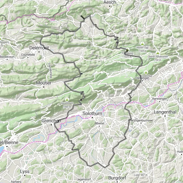 Miniatura della mappa di ispirazione al ciclismo "Alto Avanzo Passwang Tour" nella regione di Nordwestschweiz, Switzerland. Generata da Tarmacs.app, pianificatore di rotte ciclistiche