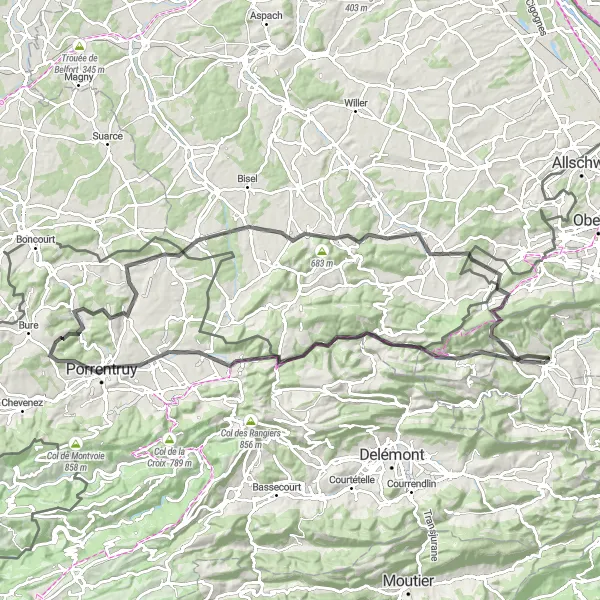 Zemljevid v pomanjšavi "Cestno kolesarjenje v Nordwestschweizu" kolesarske inspiracije v Nordwestschweiz, Switzerland. Generirano z načrtovalcem kolesarskih poti Tarmacs.app