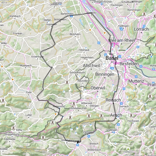 Miniaturní mapa "Okružní cesta kolem Laufen" inspirace pro cyklisty v oblasti Nordwestschweiz, Switzerland. Vytvořeno pomocí plánovače tras Tarmacs.app