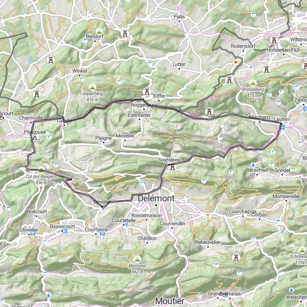 Miniatura della mappa di ispirazione al ciclismo "Giro in bicicletta da Laufen" nella regione di Nordwestschweiz, Switzerland. Generata da Tarmacs.app, pianificatore di rotte ciclistiche