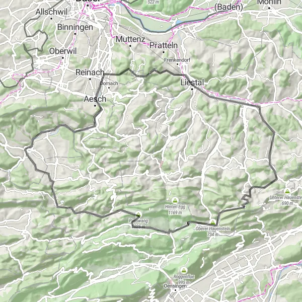 Miniaturekort af cykelinspirationen "Landevejscykelrute gennem Laufen-regionen" i Nordwestschweiz, Switzerland. Genereret af Tarmacs.app cykelruteplanlægger