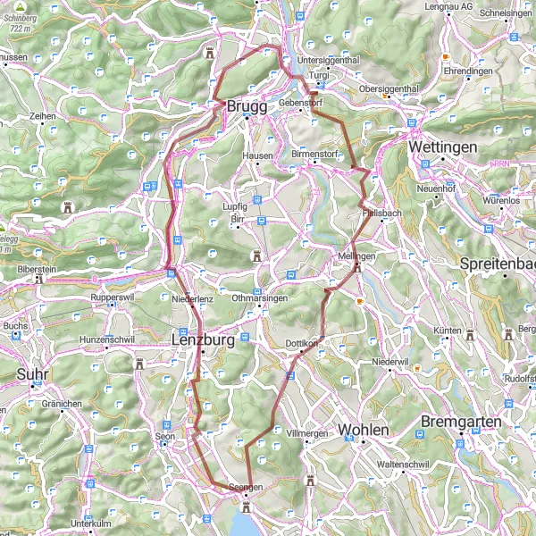 Zemljevid v pomanjšavi "Razgibana kolesarska pot s panoramskimi razgledi" kolesarske inspiracije v Nordwestschweiz, Switzerland. Generirano z načrtovalcem kolesarskih poti Tarmacs.app