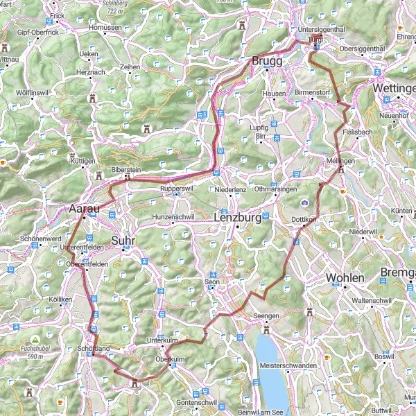 Kartminiatyr av "Grusvägscykling runt nära Brugg" cykelinspiration i Nordwestschweiz, Switzerland. Genererad av Tarmacs.app cykelruttplanerare