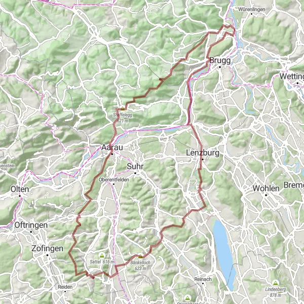 Kartminiatyr av "Grusvei eventyr nær Lauffohr (Brugg)" sykkelinspirasjon i Nordwestschweiz, Switzerland. Generert av Tarmacs.app sykkelrutoplanlegger